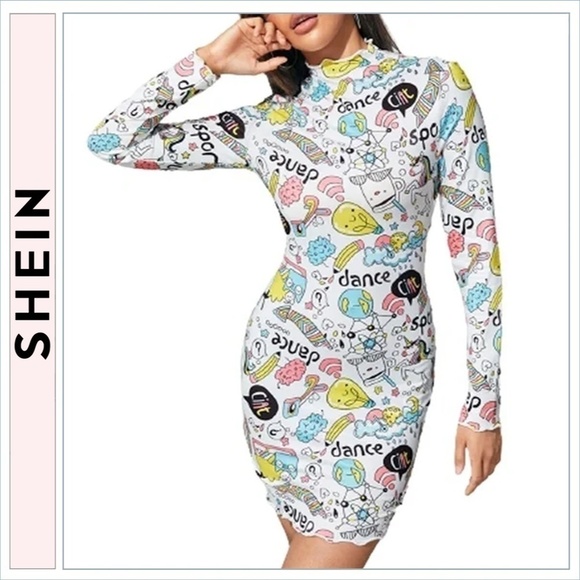 Op Pop Art Dress Scribble Graphic Cartoon Graffiti Bandaid Stretch Bodycon Tank - Picture 10 of 12